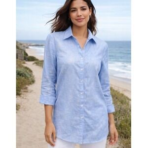 Weavz‎ $125 Medium Gold Dusted Blue 100% Linen Button Up Collared Oxford Tunic